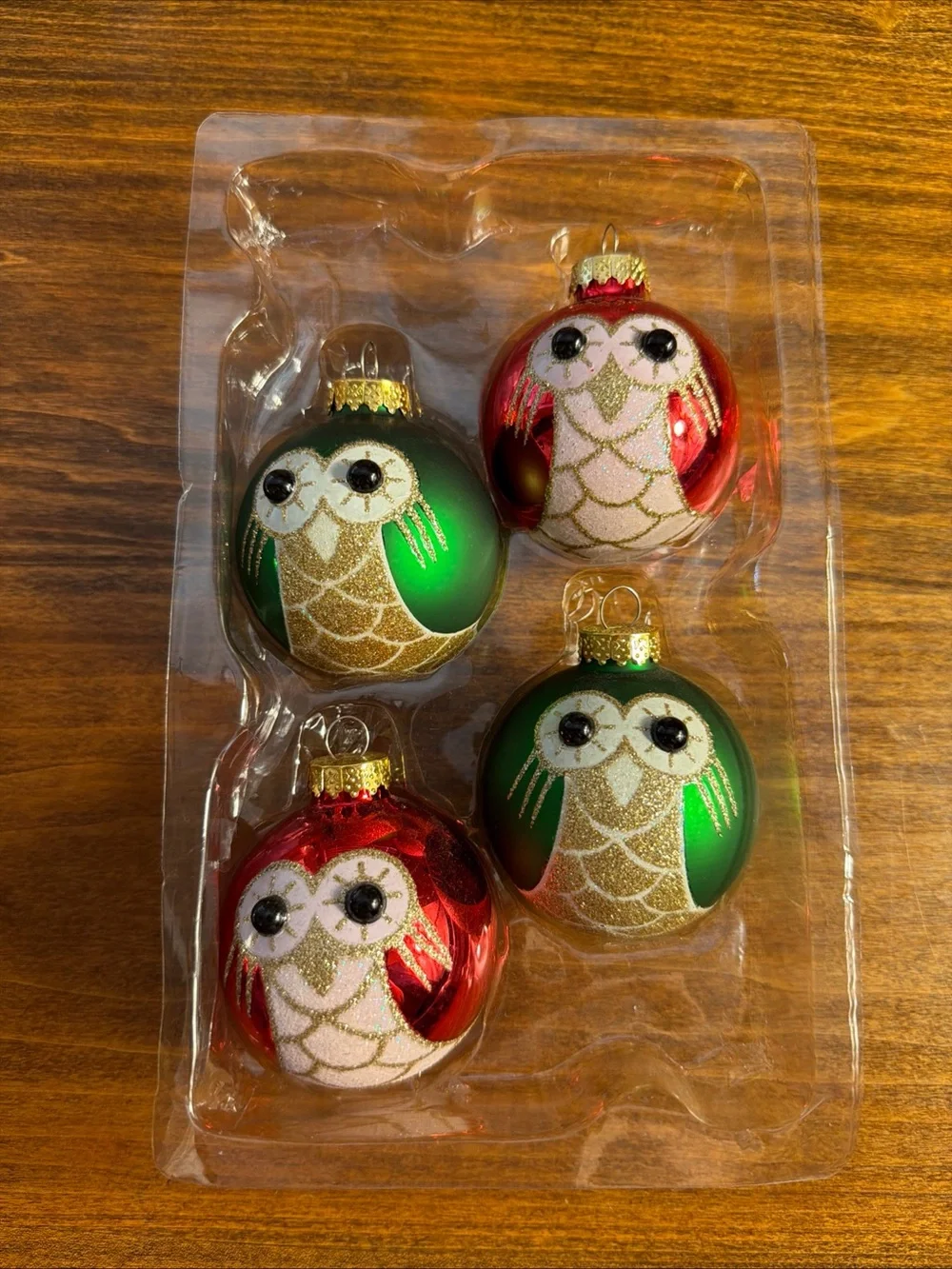 Holiday Time Red and Green Owl Glass Ornament Set